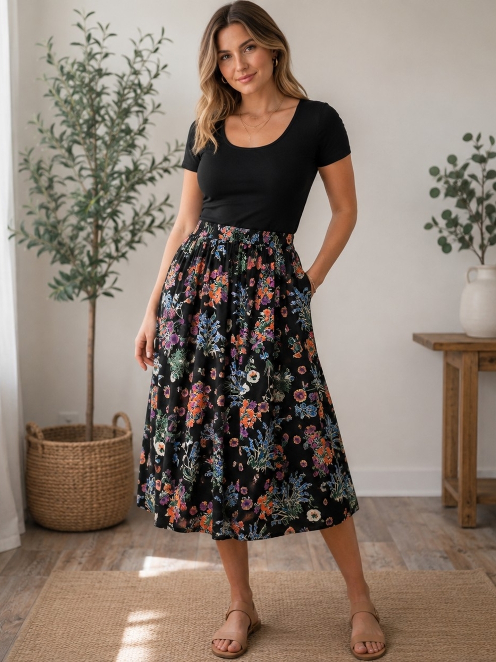 Floral Black Midi Skirt with Drawstring Waist and Pockets, Size M.